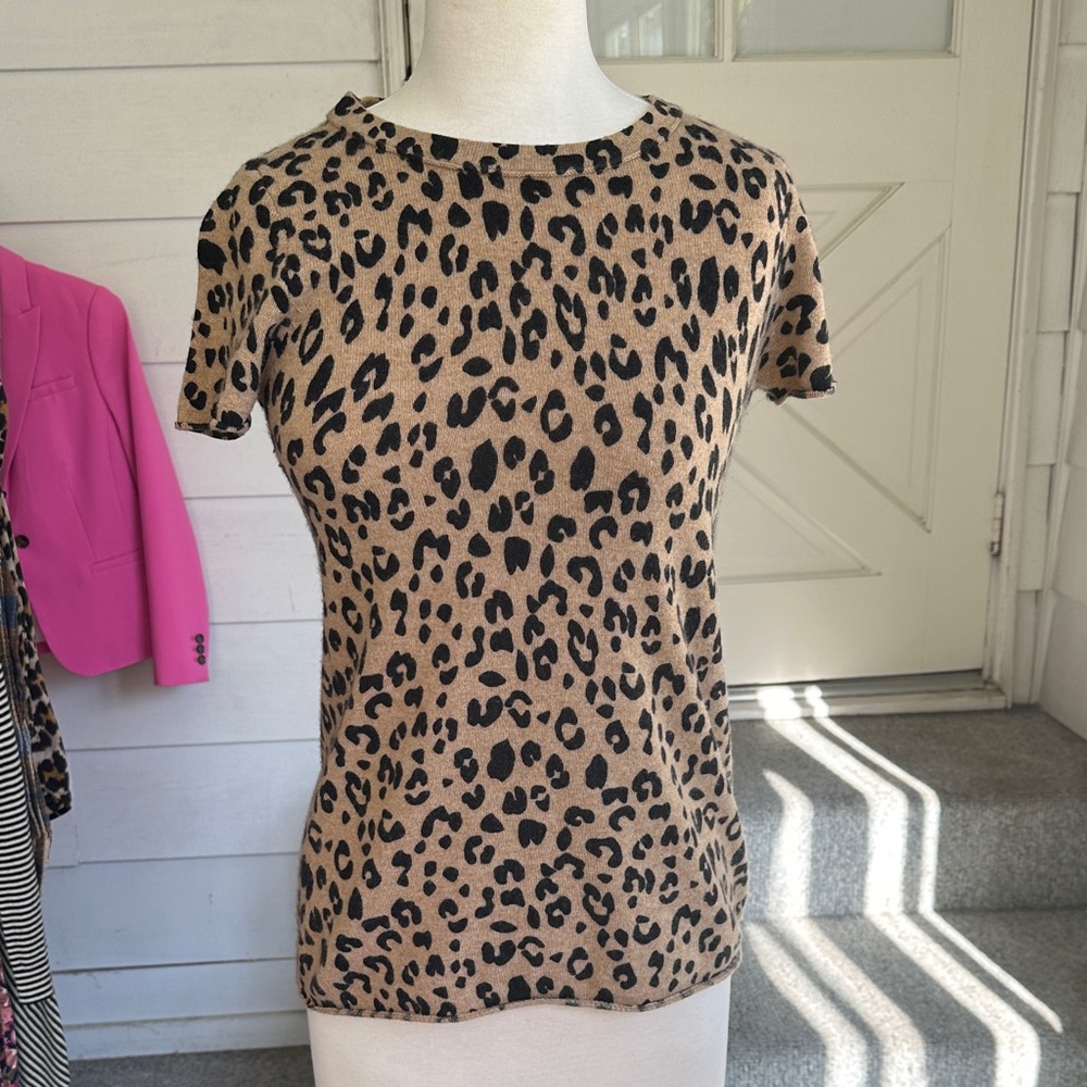 100% Cashmere J. Crew Cheetah  Print Short Sleeve Top